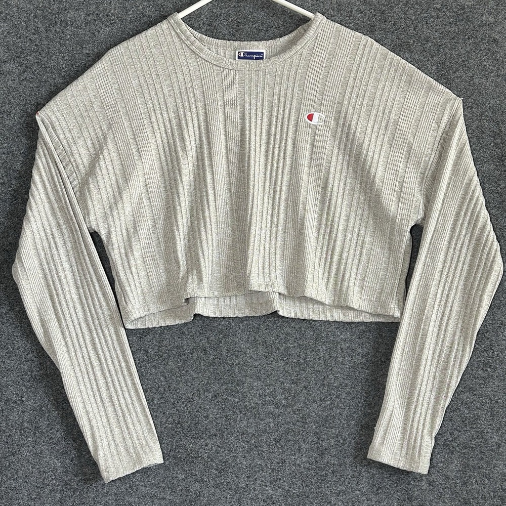 Champion Women's Cropped Lightweight Sweater - Grey W/Logo Long Sleeve - MEDIUM